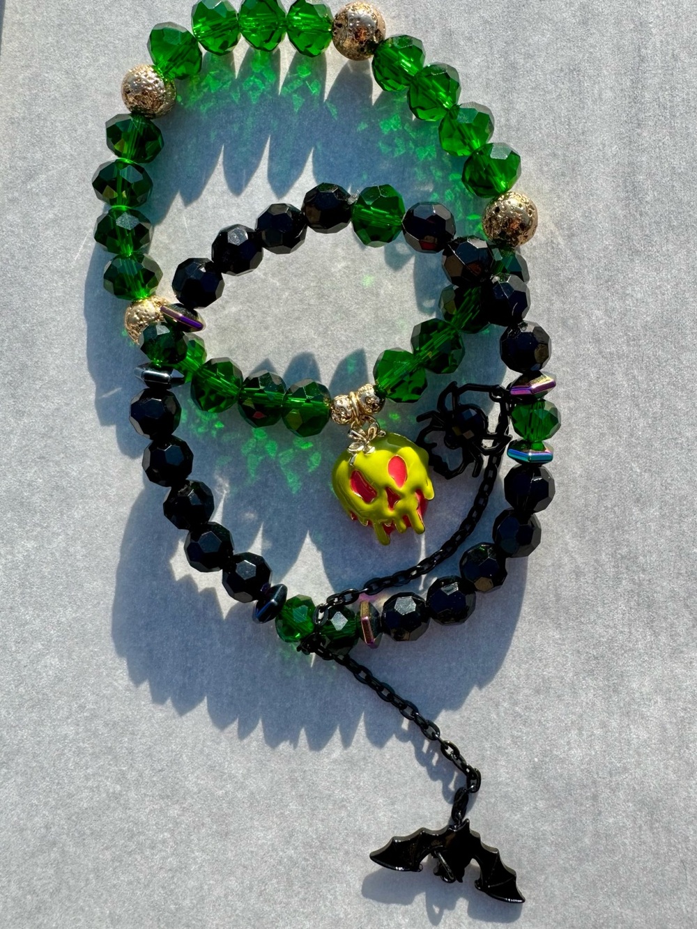 Green and Black Beaded Bracelet Set with Neon Lime Drip Charm